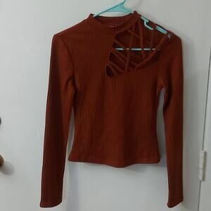 SHEIN Mock Ribbed Turtleneck Top 2 Cut Out Casual Boho Coquette Girl Rocker